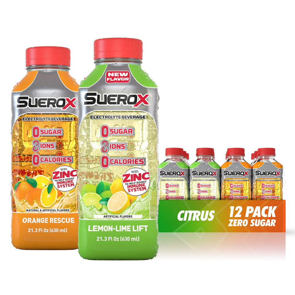 SueroX sugar-free citrus pack bottle front view for refreshing hydration