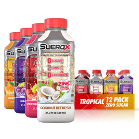 Suerox orange bottle front highlights refreshing hydration option.