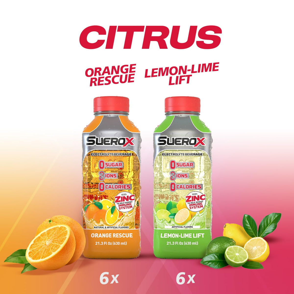 SueroX orange-lemon-lime pour into glass showing crisp citrus hydration
