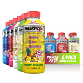 Suerox Sugar-Free Hydration Power Pack display showing six flavors and zero calories