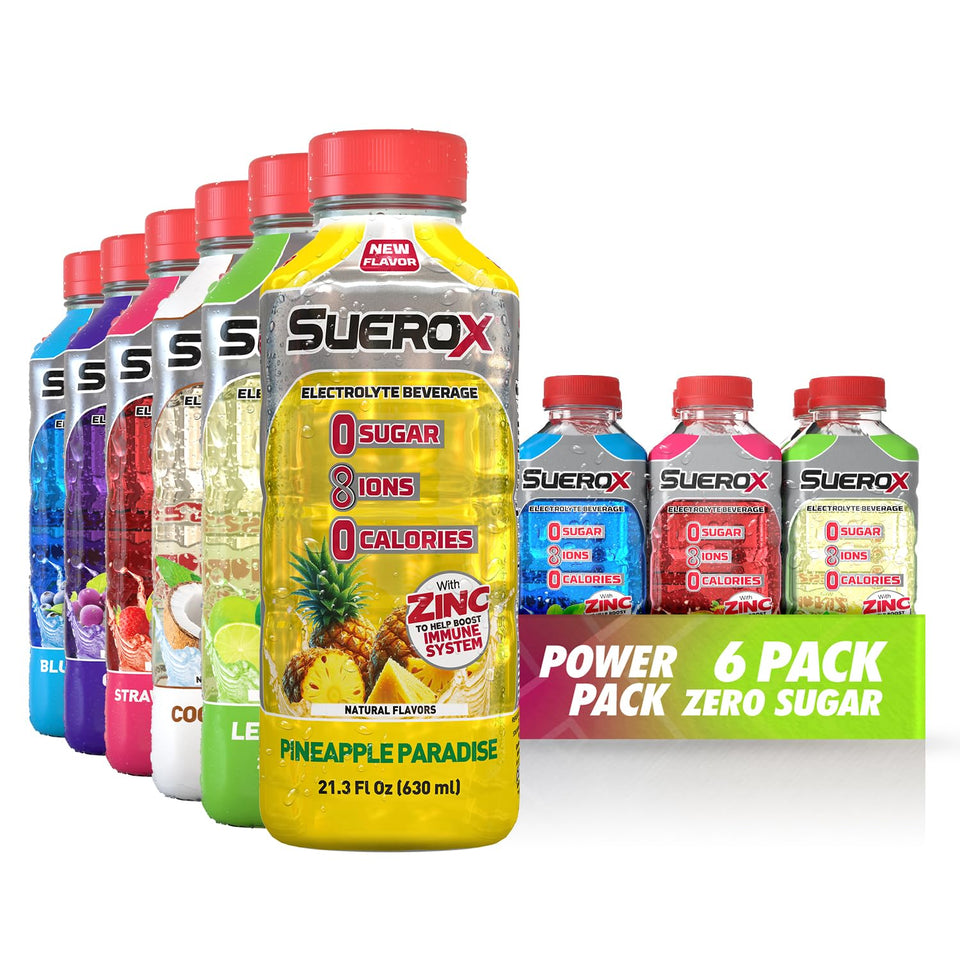 Suerox Sugar-Free Hydration Power Pack display showing six flavors and zero calories