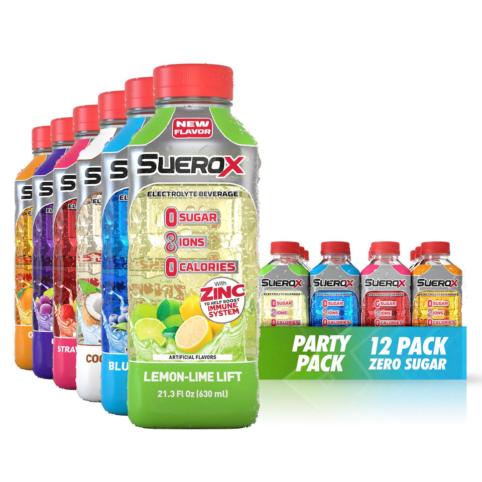 SueroX zero sugar electrolyte bottle for balanced hydration.