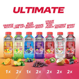 SueroX Zero Sugar Electrolyte Drink label highlights zero sugar and electrolyte blend.