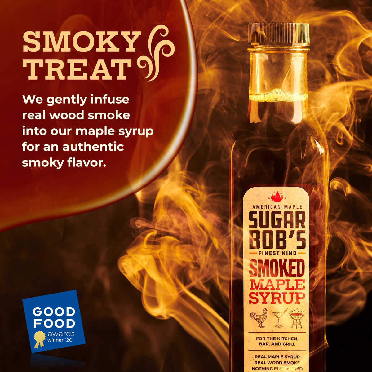 Sugar Bob’s Finest Kind smoked maple syrup amber glow elevates cocktails.