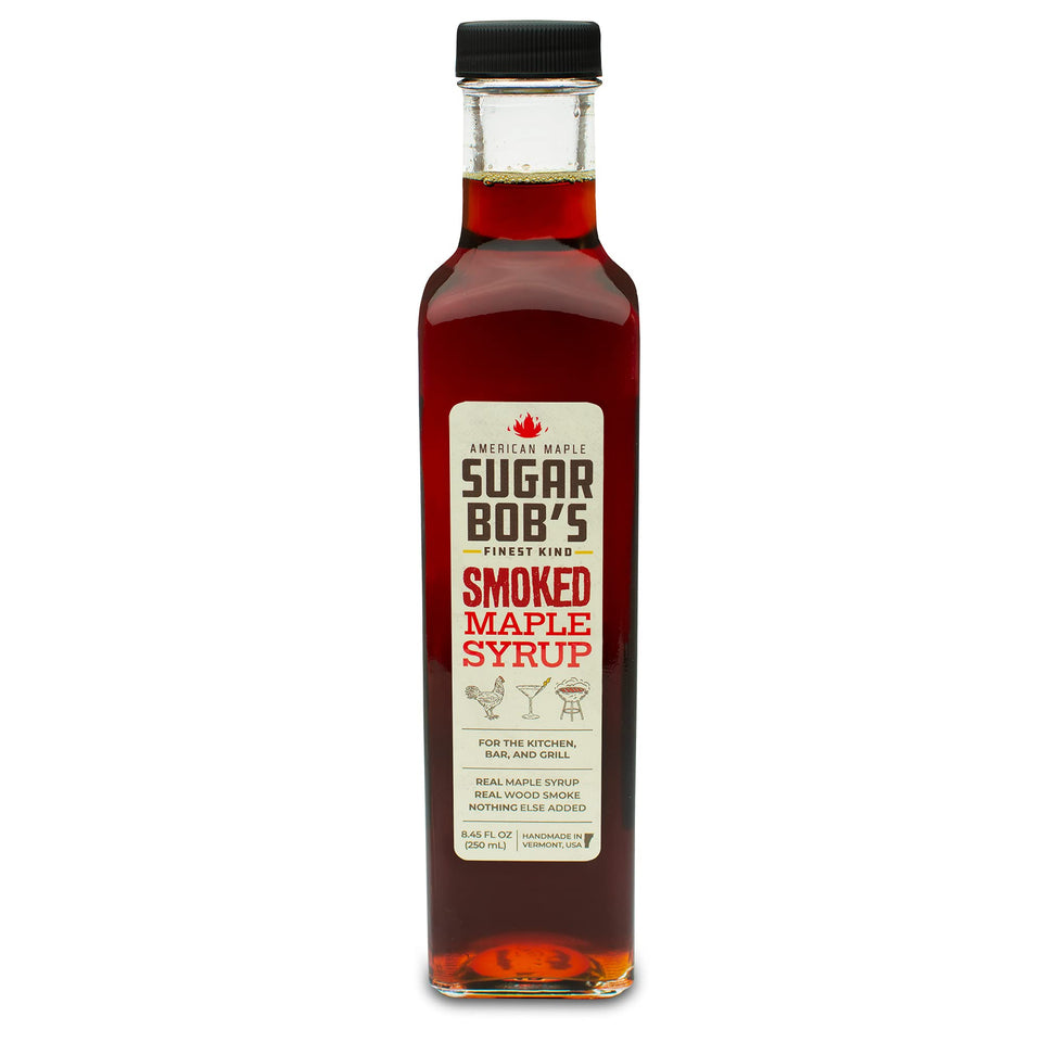 Sugar Bob’s Finest Kind smoked maple syrup bottle pour offers a rich aroma and finishing glaze.