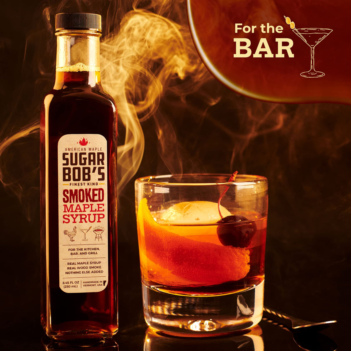 Sugar Bob’s Finest Kind smoked maple syrup acts as cocktail syrup with smoky sweetness.