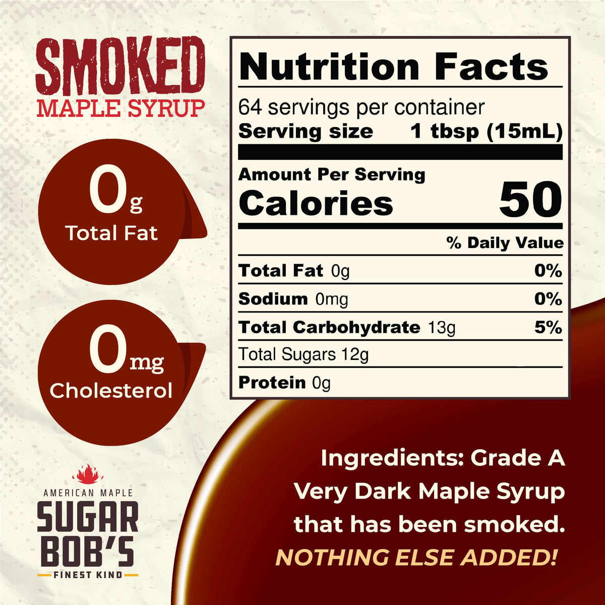 Close-up pour of Sugar Bob's Finest Kind smoked maple syrup for smoky-sweet finishing