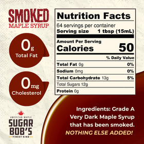 Close-up pour of Sugar Bob's Finest Kind smoked maple syrup for smoky-sweet finishing