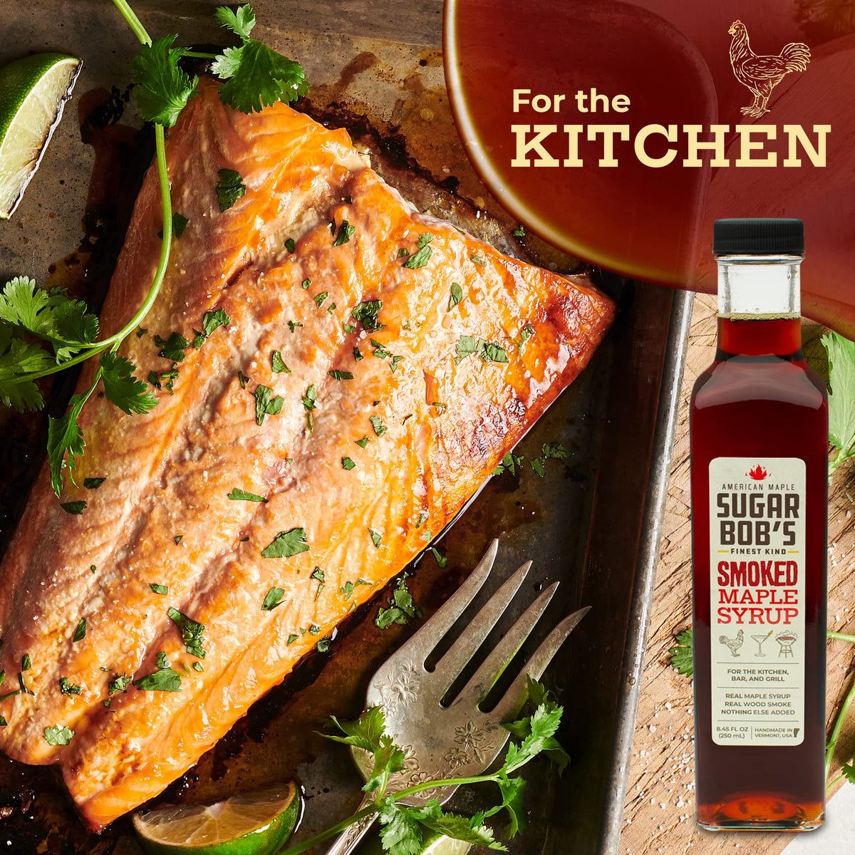 Sugar Bob’s Finest Kind smoked maple syrup pairs with seafood and meat for depth.