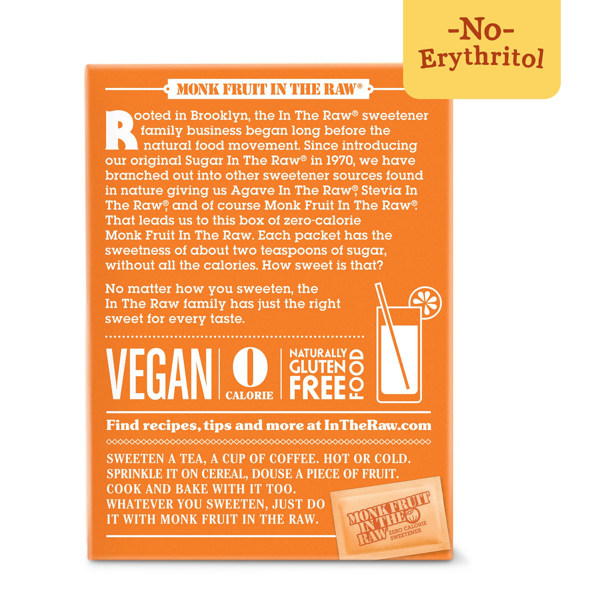Sugar In The Raw monk fruit packet close-up highlights convenient single-serve portions for travel.