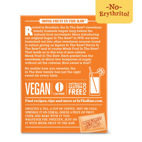 Sugar In The Raw monk fruit packet close-up highlights convenient single-serve portions for travel.