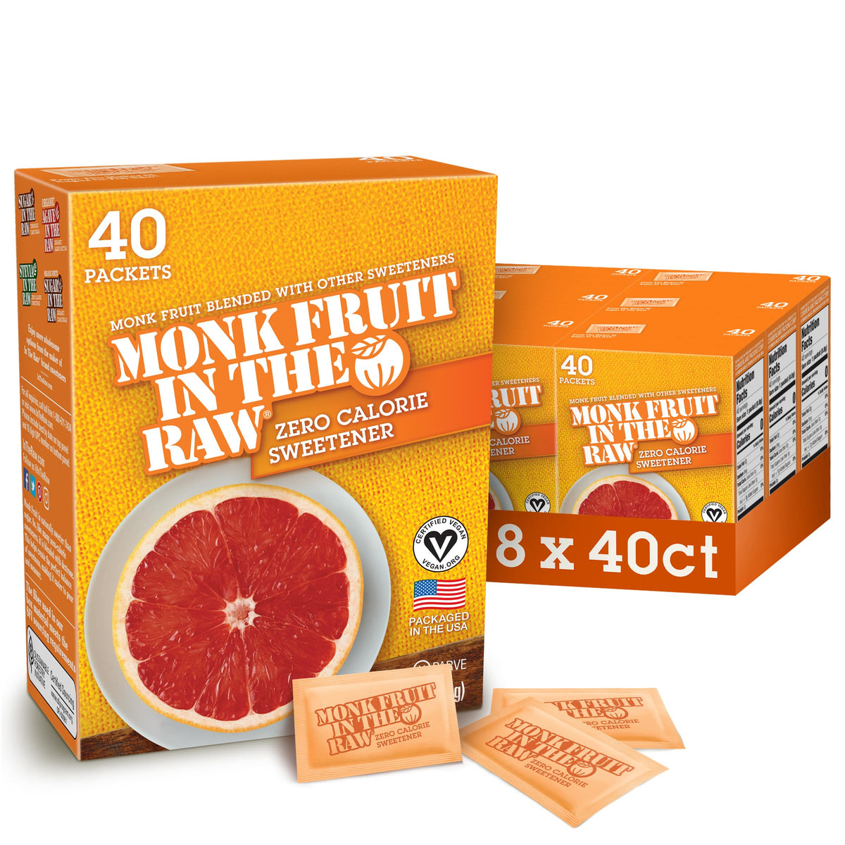 Sugar In The Raw Monk Fruit packets box showcases zero-calorie sweetness for daily use.