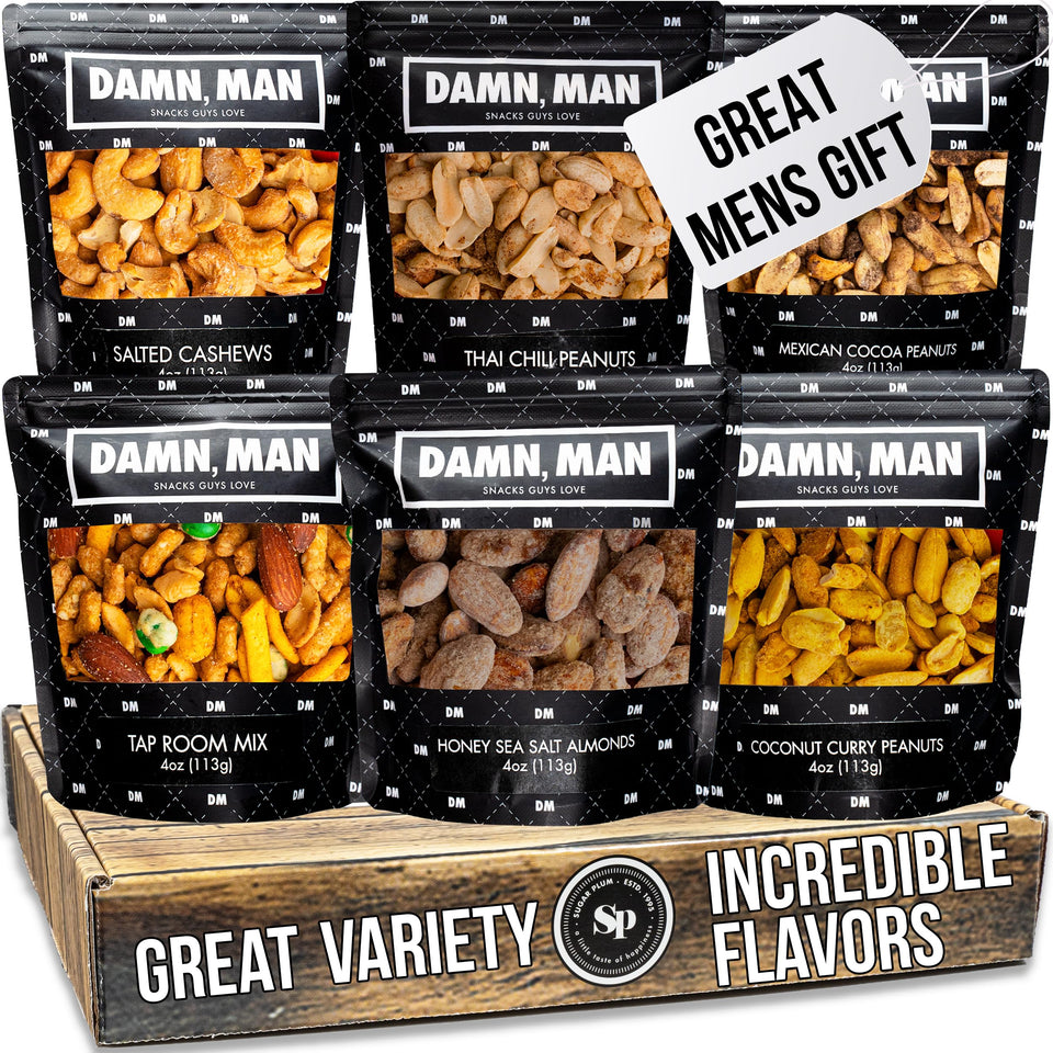 Sugar Plum gourmet nuts gift basket with six flavors, ideal for gifting and snacking.