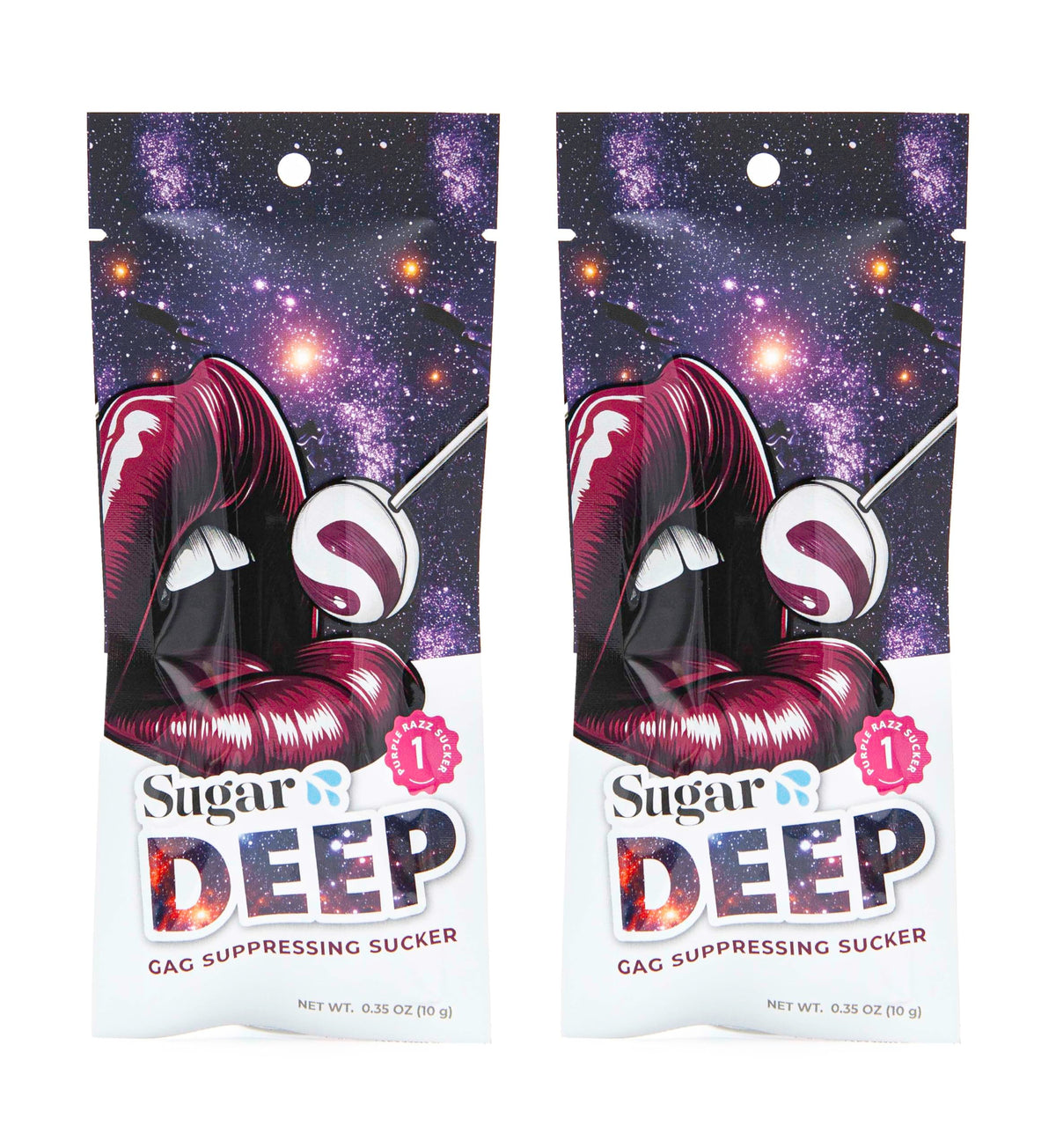 Sugar Splash DEEP gag-suppressing sucker purple raspberry, front view, potential gag reflex support