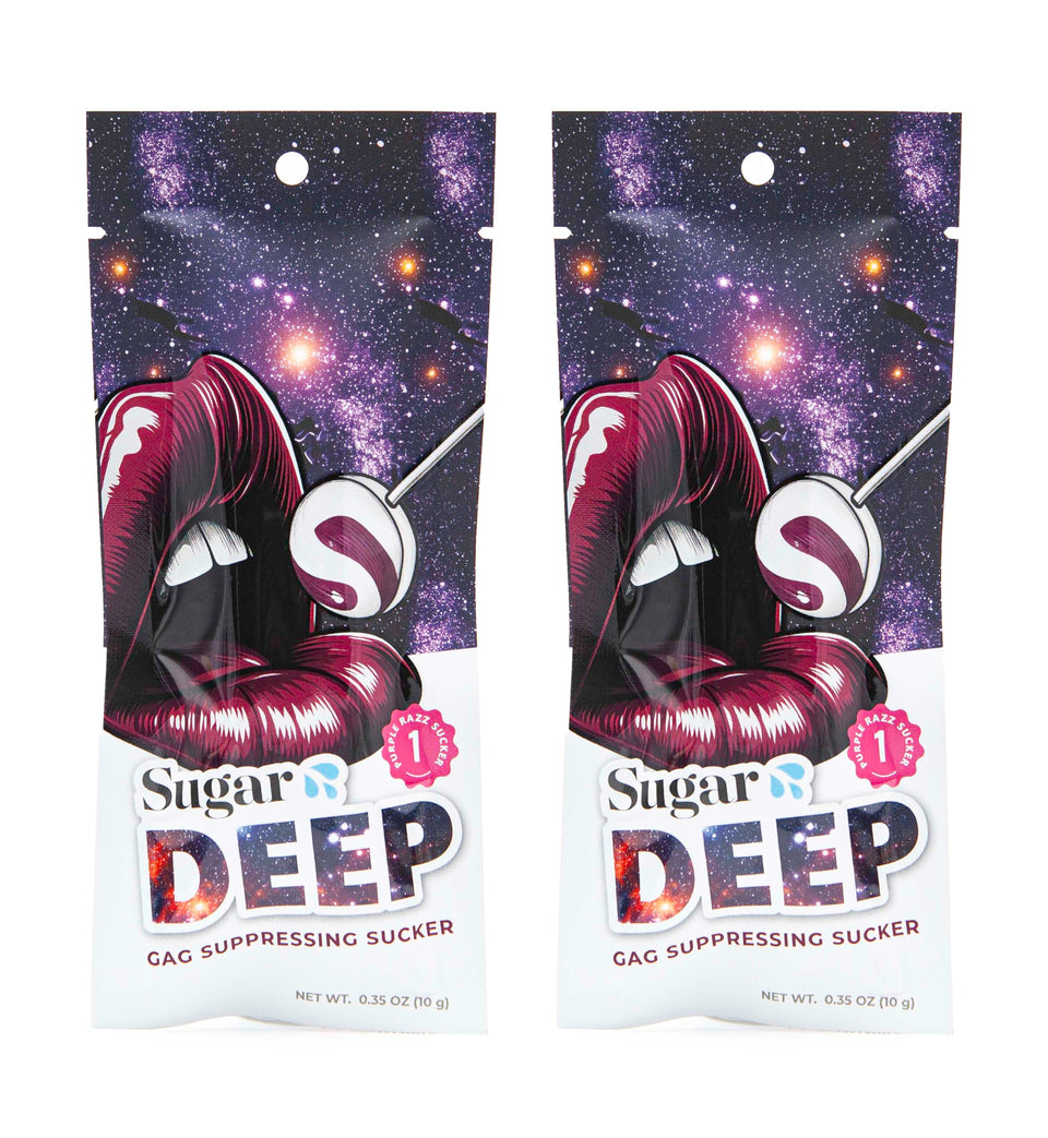 Sugar Splash DEEP gag-suppressing sucker purple raspberry, front view, potential gag reflex support