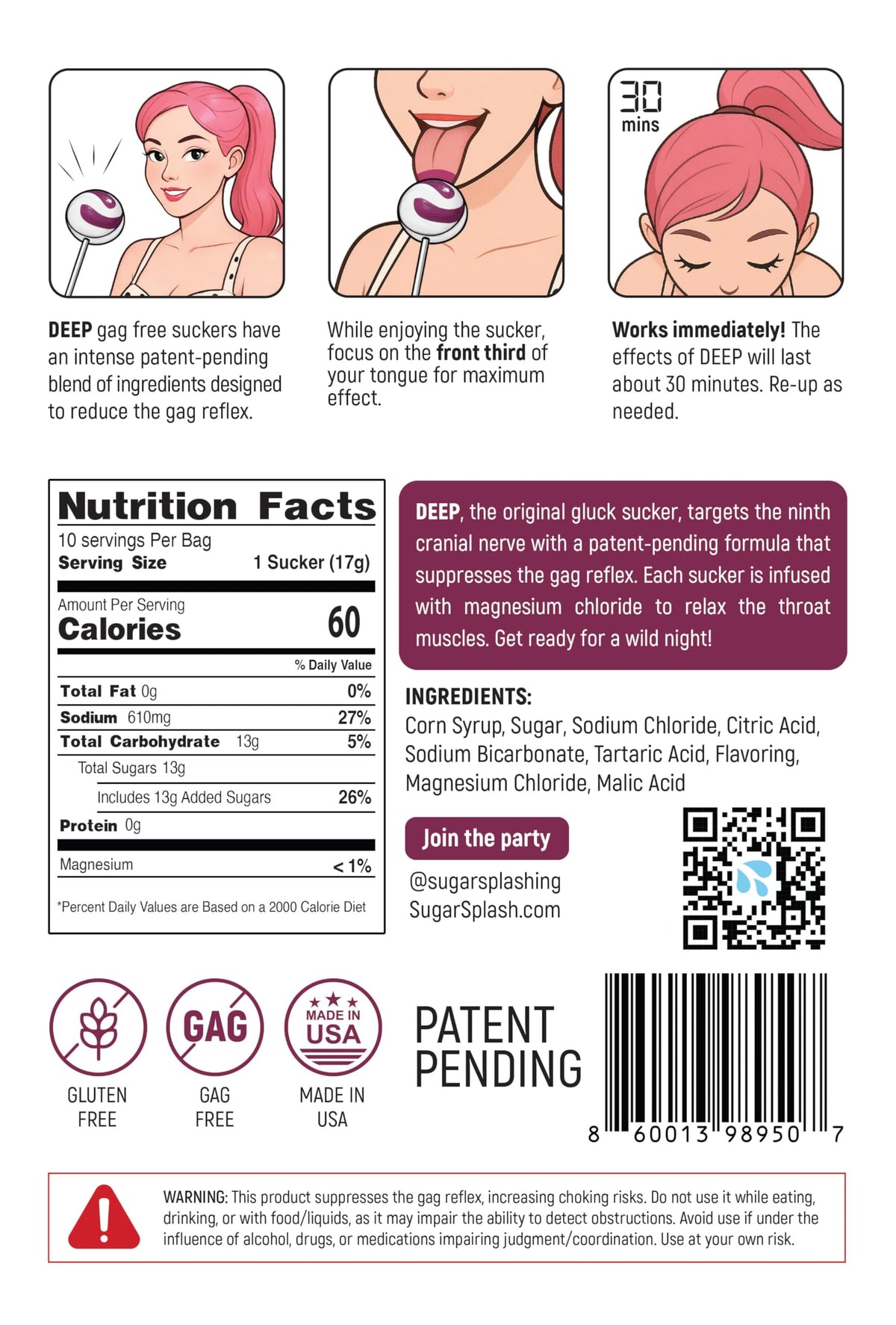 Sugar Splash DEEP gag-suppressing sucker label closeup with patent-pending formula