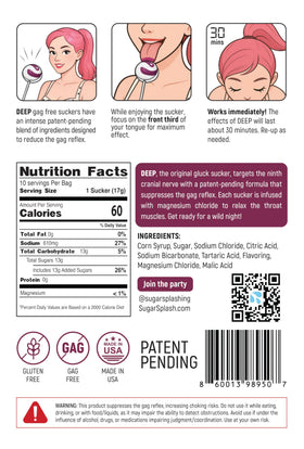 Sugar Splash DEEP gag-suppressing sucker label closeup with patent-pending formula