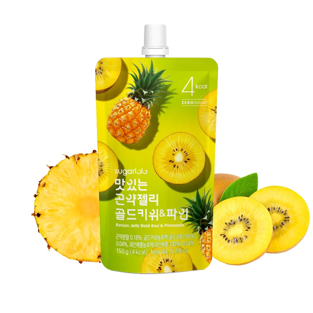 Sugarlolo Konjac Sweet Gold kiwi-pineapple jar with vibrant jelly and real fruit aroma for on-the-go snacking