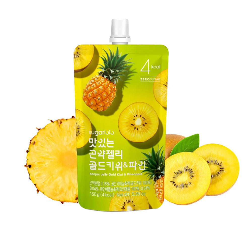 Sugarlolo Konjac Sweet Gold kiwi-pineapple jar with vibrant jelly and real fruit aroma for on-the-go snacking