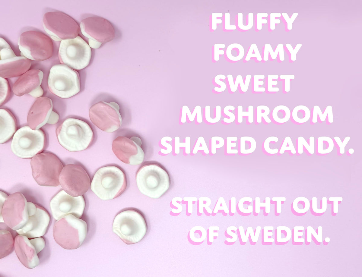 Sugarloo World Swedish Mushroom Candy mushroom-shaped foam candy with soft texture for easy chewing.