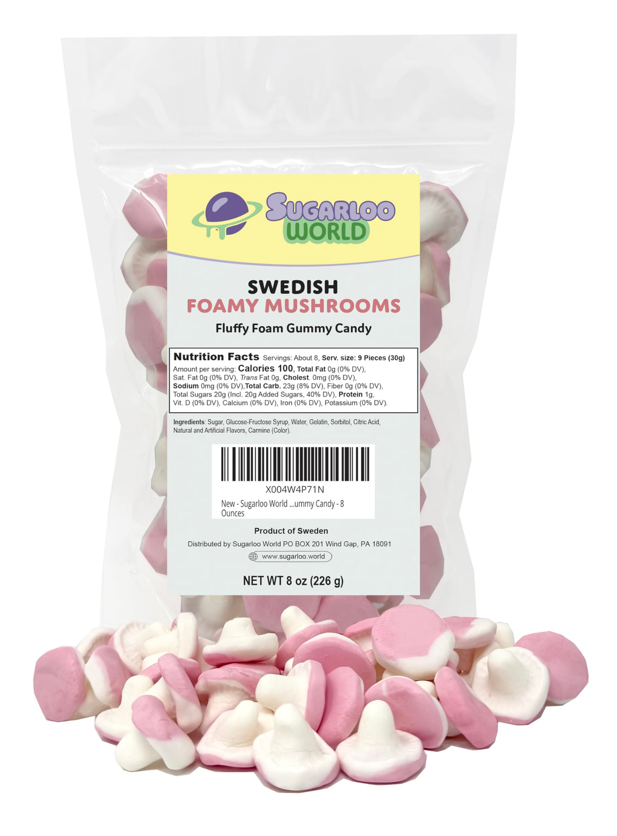Sugarloo World Swedish Mushroom Candy package with whimsical mushroom shapes for playful snacking.