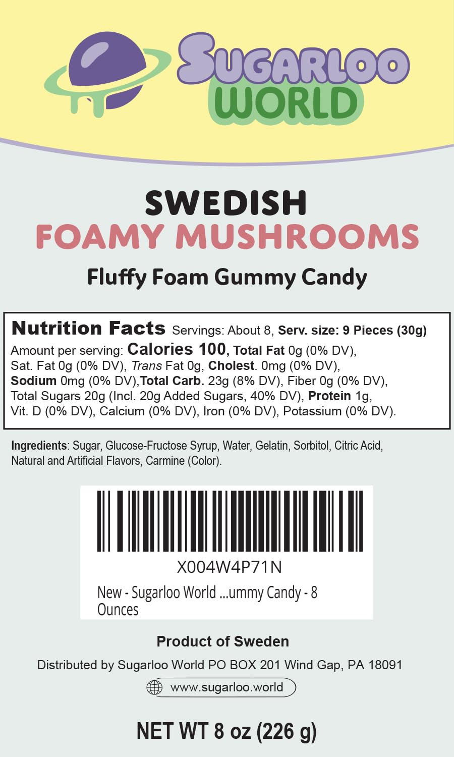Sugarloo World Swedish Mushroom Candy resealable bag keeping flavors fresh for later enjoyment.