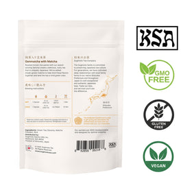 Sugimoto Tea Genmaicha ingredients—sencha, matcha, roasted rice for creamy umami.