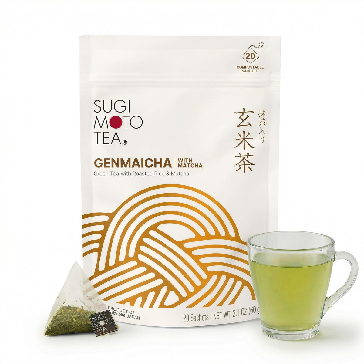 Sugimoto Tea Genmaicha packshot—premium tea bags for a balanced cup.