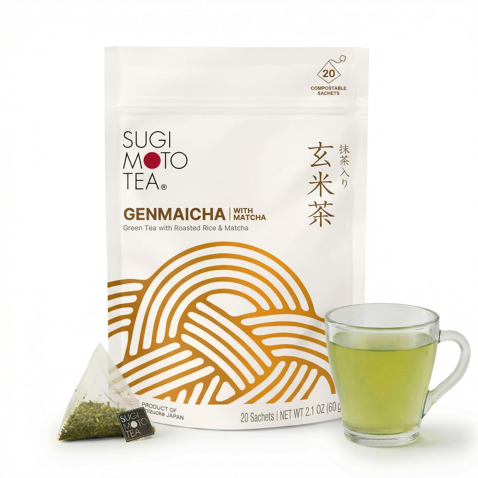 Sugimoto Tea Genmaicha packshot—premium tea bags for a balanced cup.