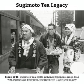 Sugimoto Tea Hojicha brand logo on pouch suggests premium packaging and sustainability.
