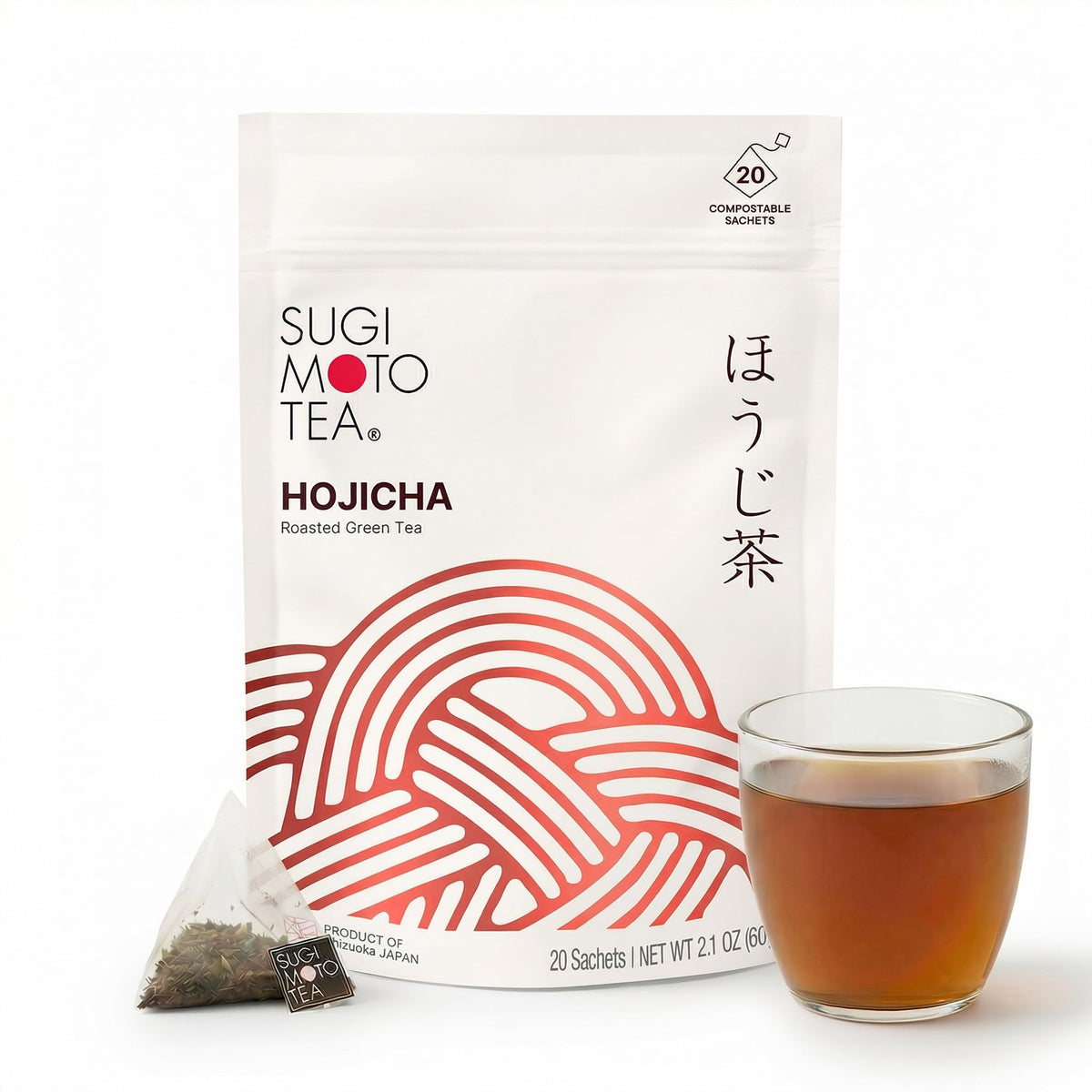 Sugimoto Tea Hojicha front packaging shows premium design and reusable pouch for long-lasting freshness.