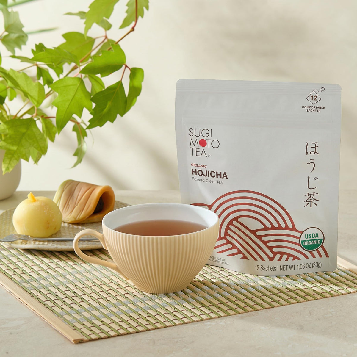 SUGIMOTO TEA Hojicha hot brew setup in a cup for a warm cup