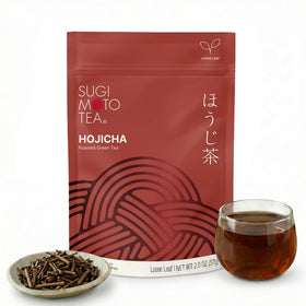 Sugimoto Tea Hojicha loose-leaf pack showcases premium kukicha for a rich, toasty aroma.