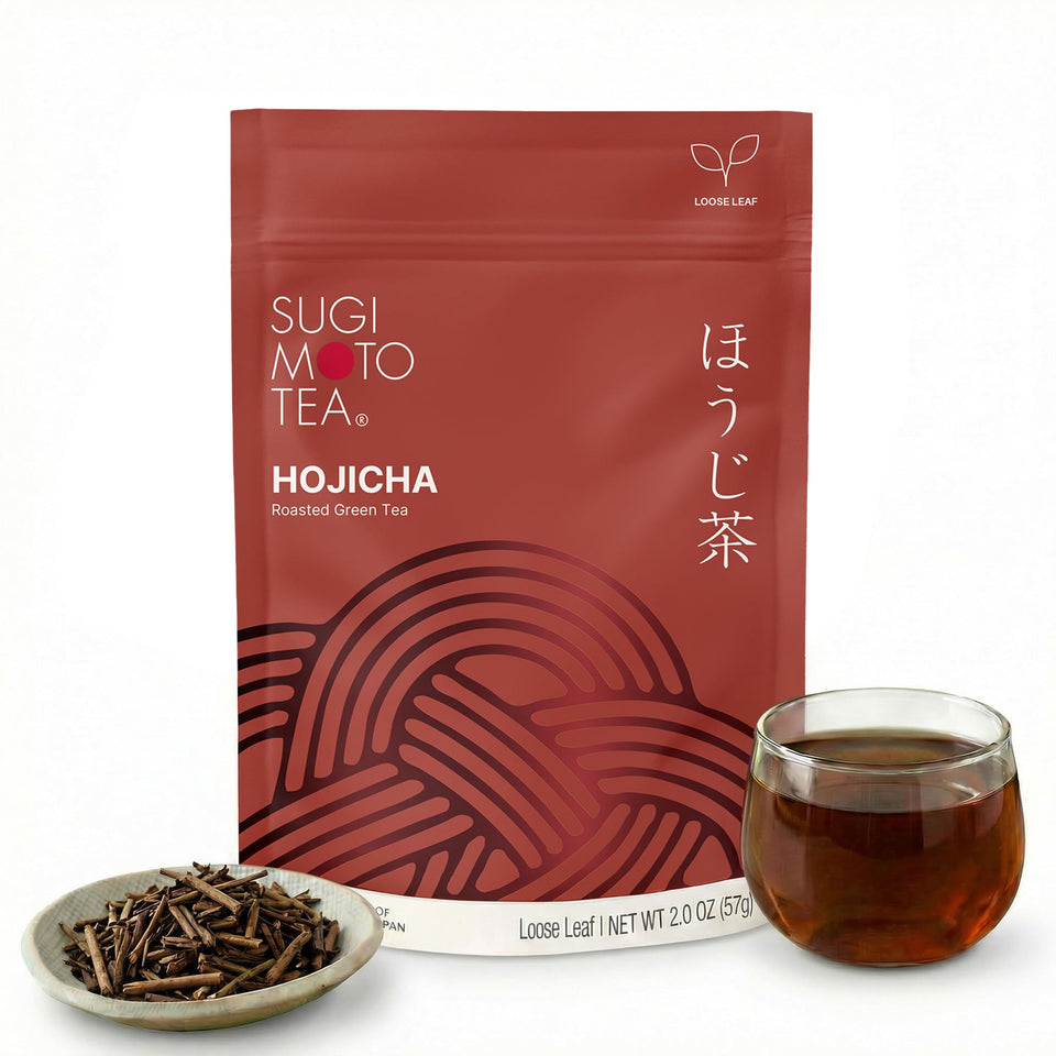 Sugimoto Tea Hojicha loose-leaf pack showcases premium kukicha for a rich, toasty aroma.