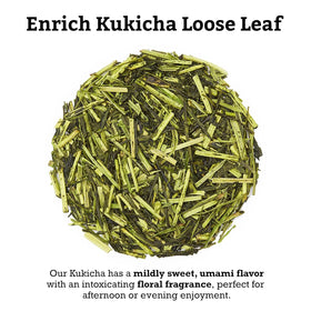 Sugimoto Tea Kukicha cold brew in glass emphasizes refreshing, caffeine-light sip.