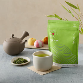 Sugimoto Tea Kukicha floral aroma captured in bottle promotes relaxing moments.