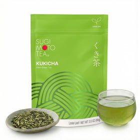 Sugimoto Tea Kukicha stem loose leaf close-up highlighting quality and nuanced aroma.