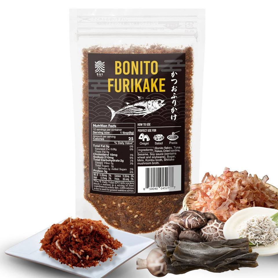 SUI of Tokyo bonito furikake with kombu and shiitake on rice for savory flavor