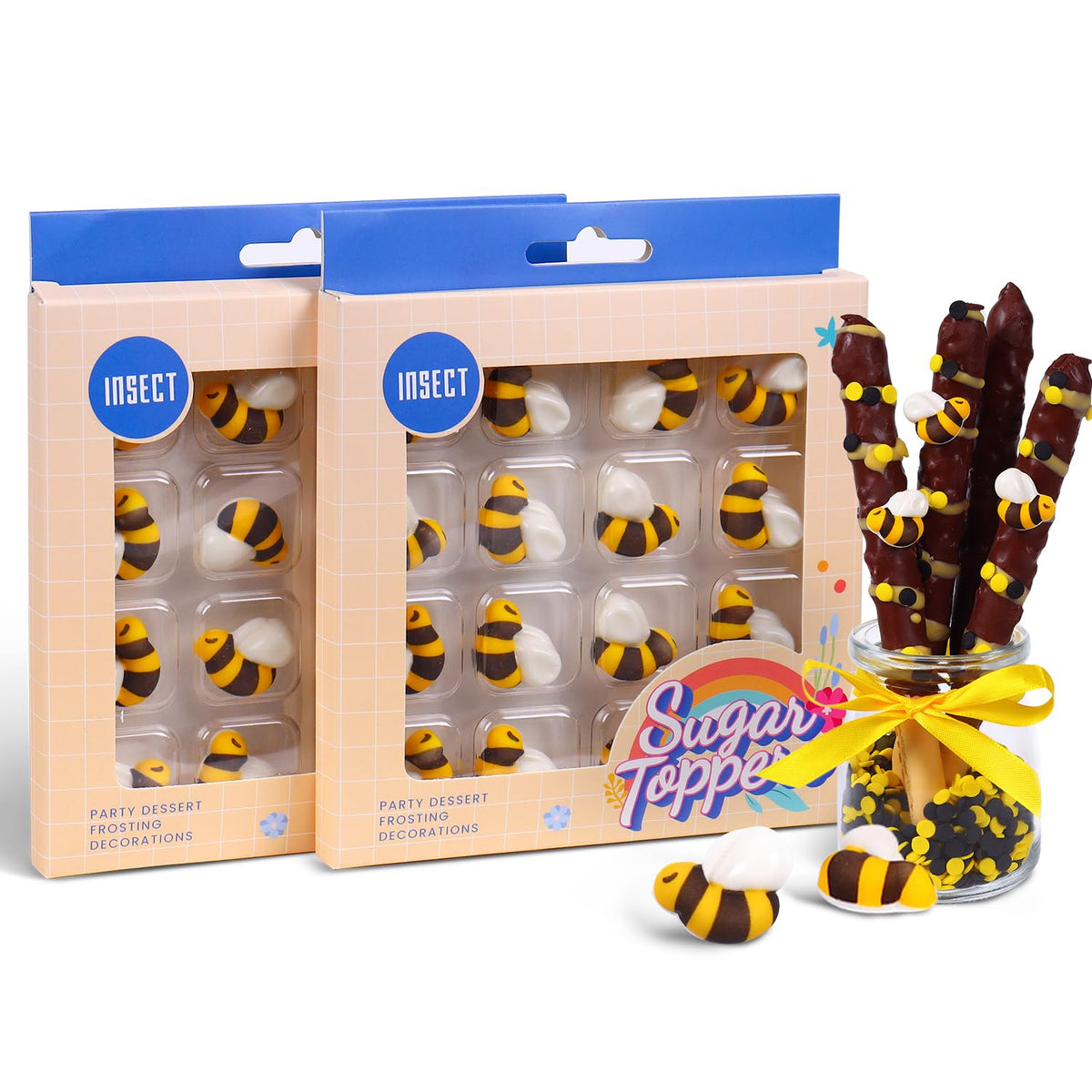 Sujoygar Edible bee candies closeup show 0.9-inch bees for elegant macarons.