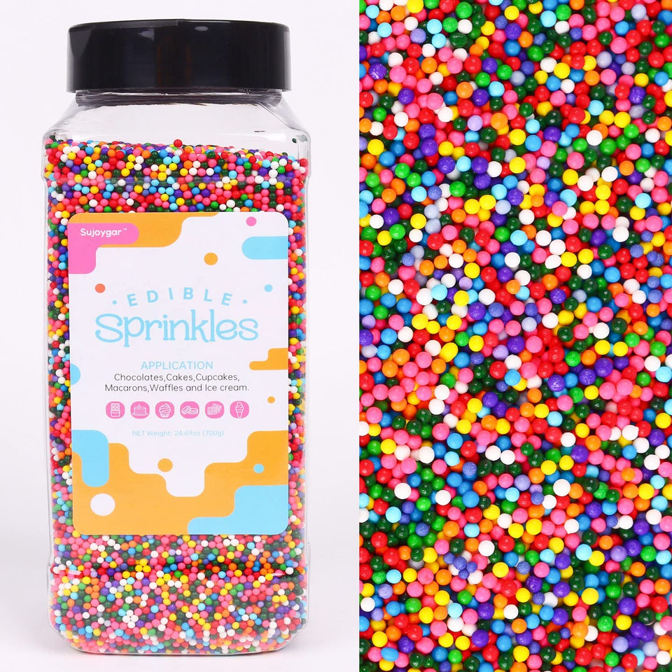 Sujoygar Rainbow Sprinkles bottle close-up for vibrant cake decoration