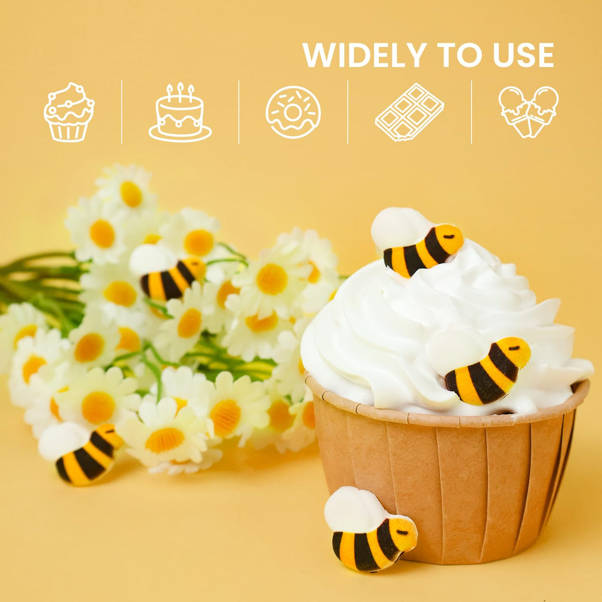 Sujoygar sugar bee toppers on a cupcake, easy decoration.