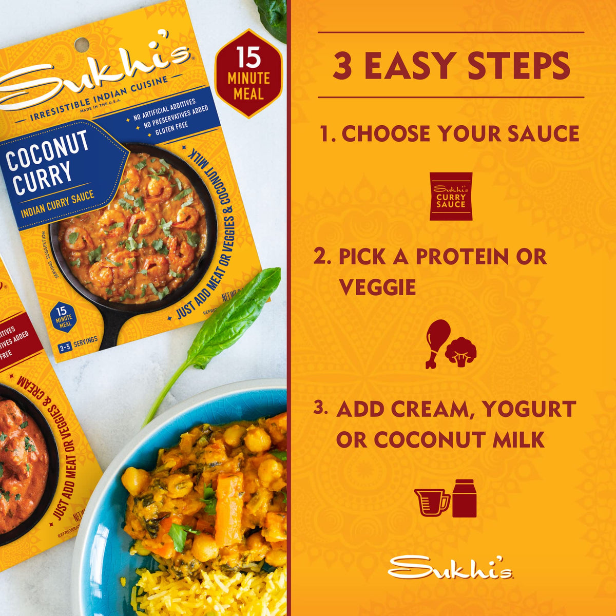 Sukhi's chicken tikka masala sauce simmer in pan for rich curry.