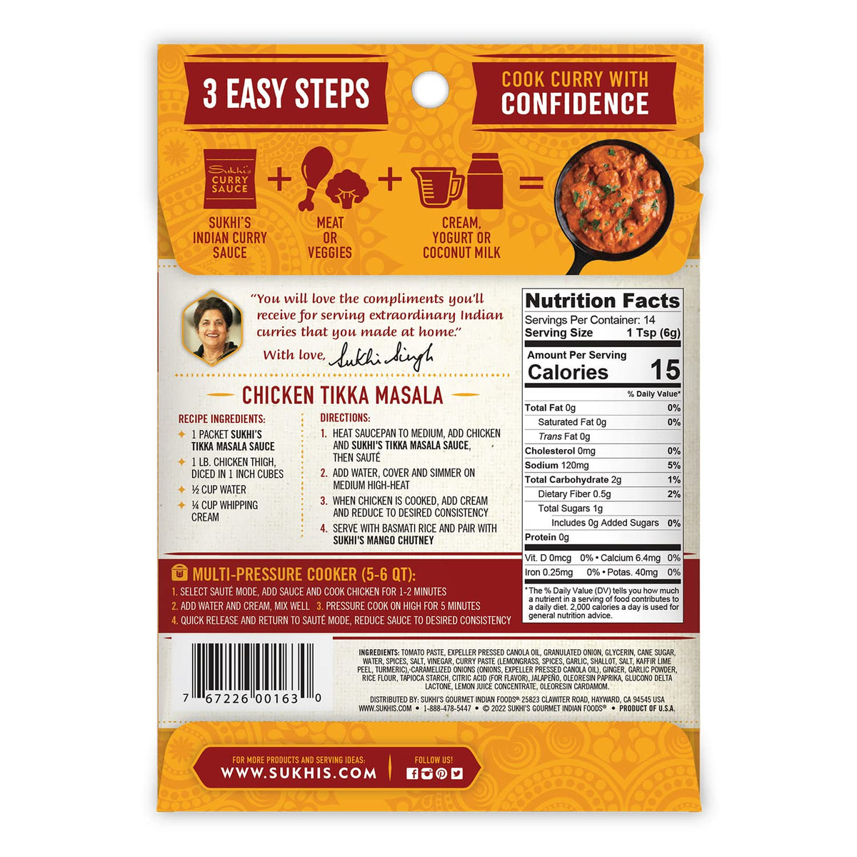 Sukhi's Indian curry paste packaging front highlights gluten-free, halal-certified sauce.