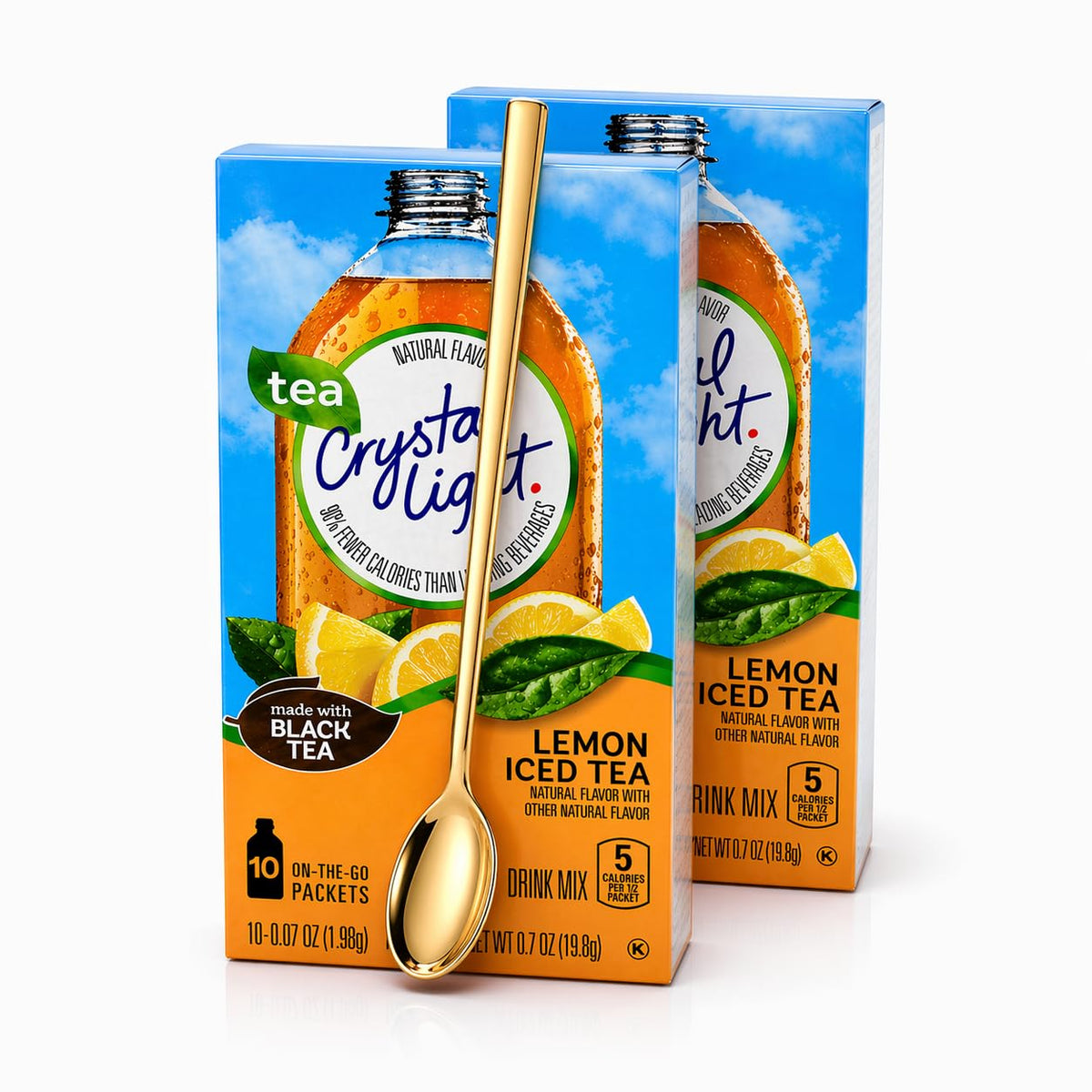 Sukkar Pasha Crystal Light On The Go natural lemonade pouches with spoon for convenient, sugar-free refreshment.