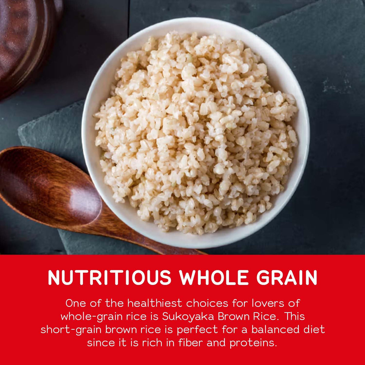 Sukoyaka Shirakiku brown rice nutrition label showing fiber and vitamins.