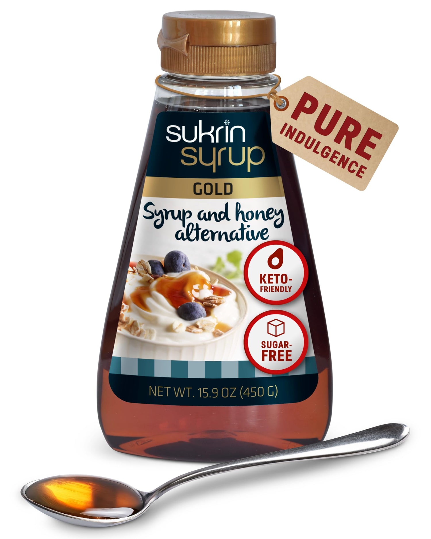 Sukrin Gold Syrup bottle poured over pancakes for a guilt-free breakfast.
