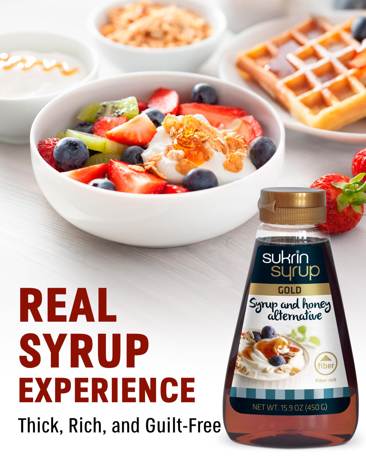 Sukrin Gold Syrup on waffles adds rich flavor without sugar spikes.