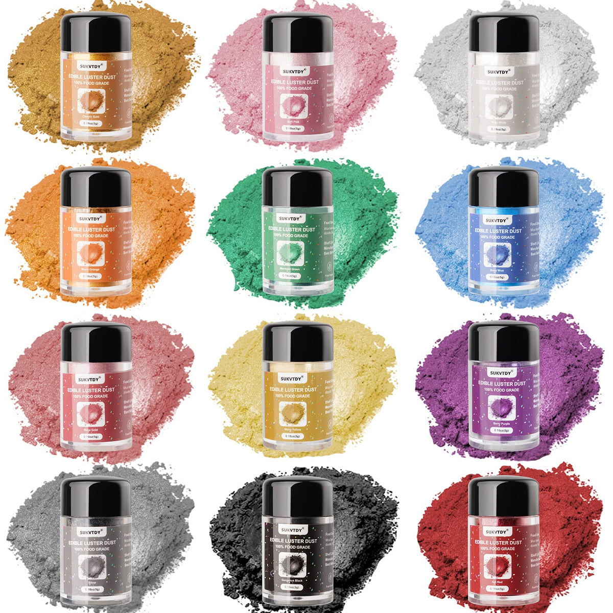 SUVKTDY edible glitter dust in 12 colors adds vibrant, food-safe sparkle to drinks and desserts.