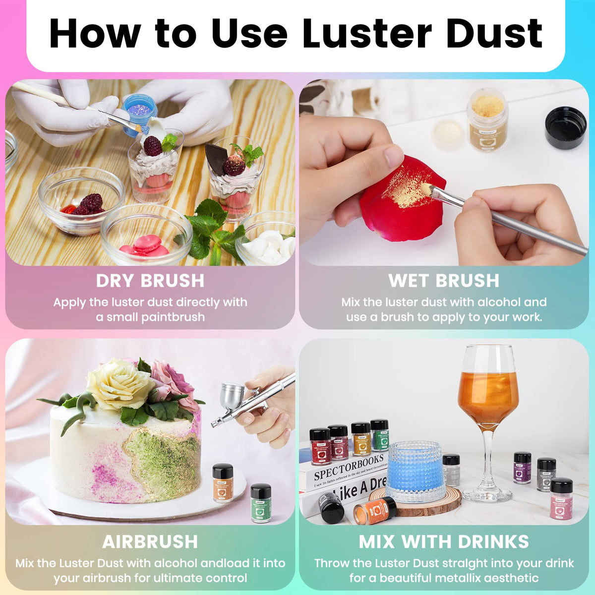 SUVKTDY edible glitter for drinks creates color without altering flavor, ideal for cocktails.