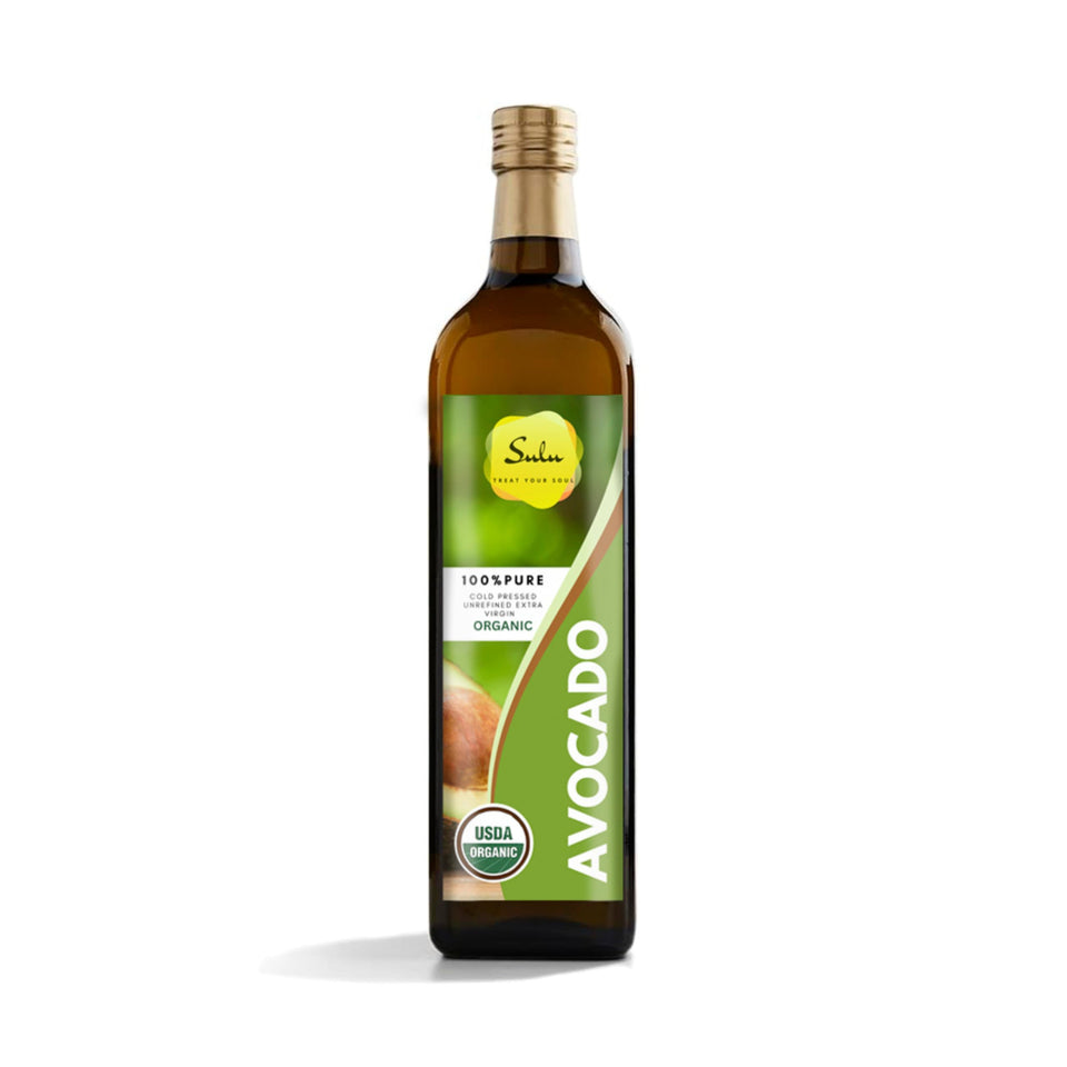 Sulu Organics avocado oil bottle, 16 oz, ready for high-heat cooking in the kitchen.